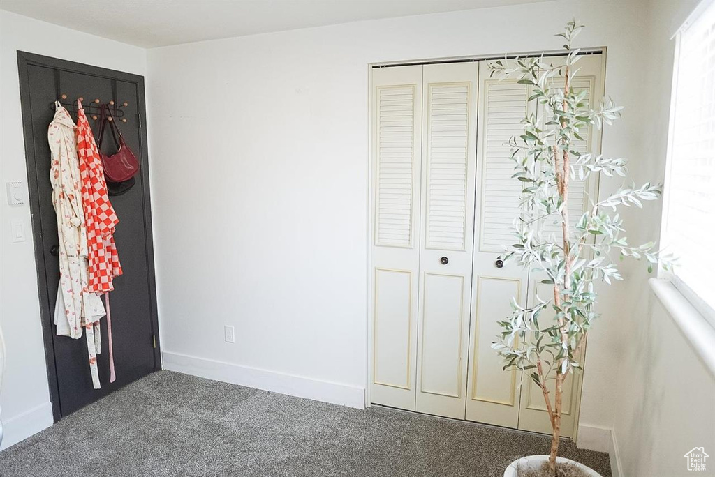 Unfurnished bedroom featuring carpet, baseboards, and a closet