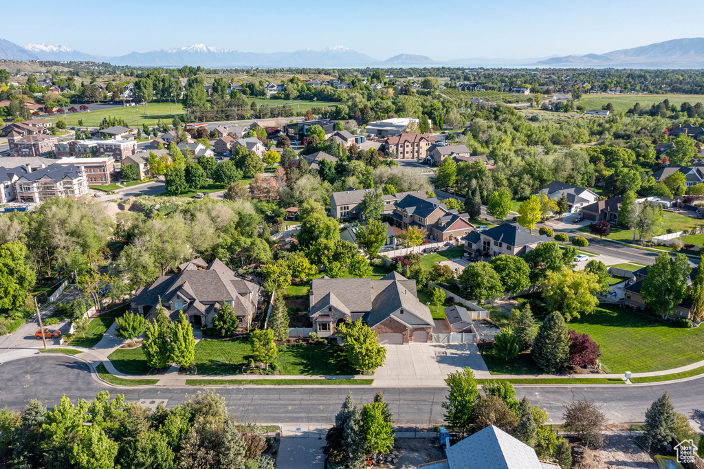 Aerial perspective of suburban area featuring mountains