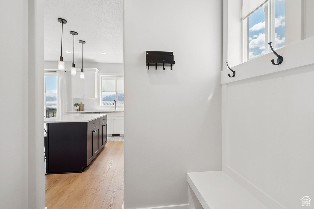 Mudroom with light wood-type flooring, a sink, and recessed lighting