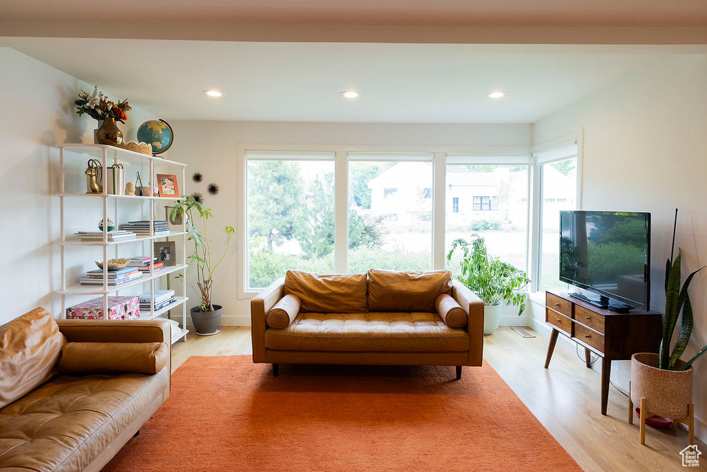 Living room with light wood-style floors, plenty of natural light, recessed lighting, and baseboards