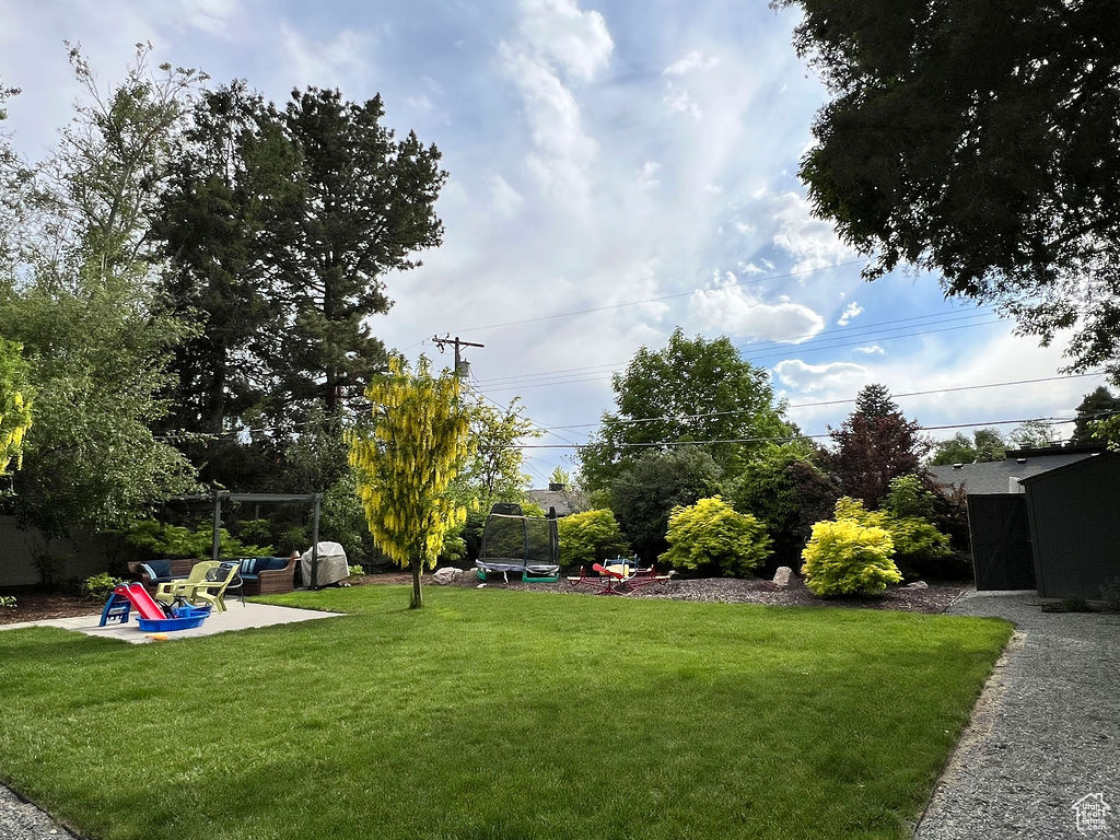 View of green lawn featuring a trampoline and a patio