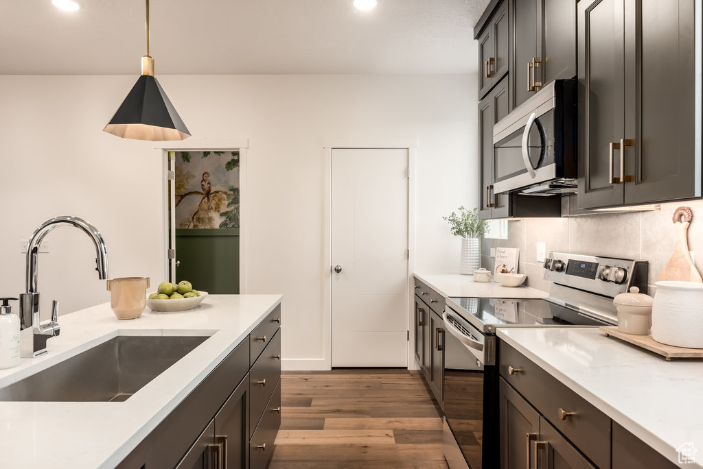 Kitchen with stainless steel appliances, a sink, wood finished floors, decorative light fixtures, and recessed lighting