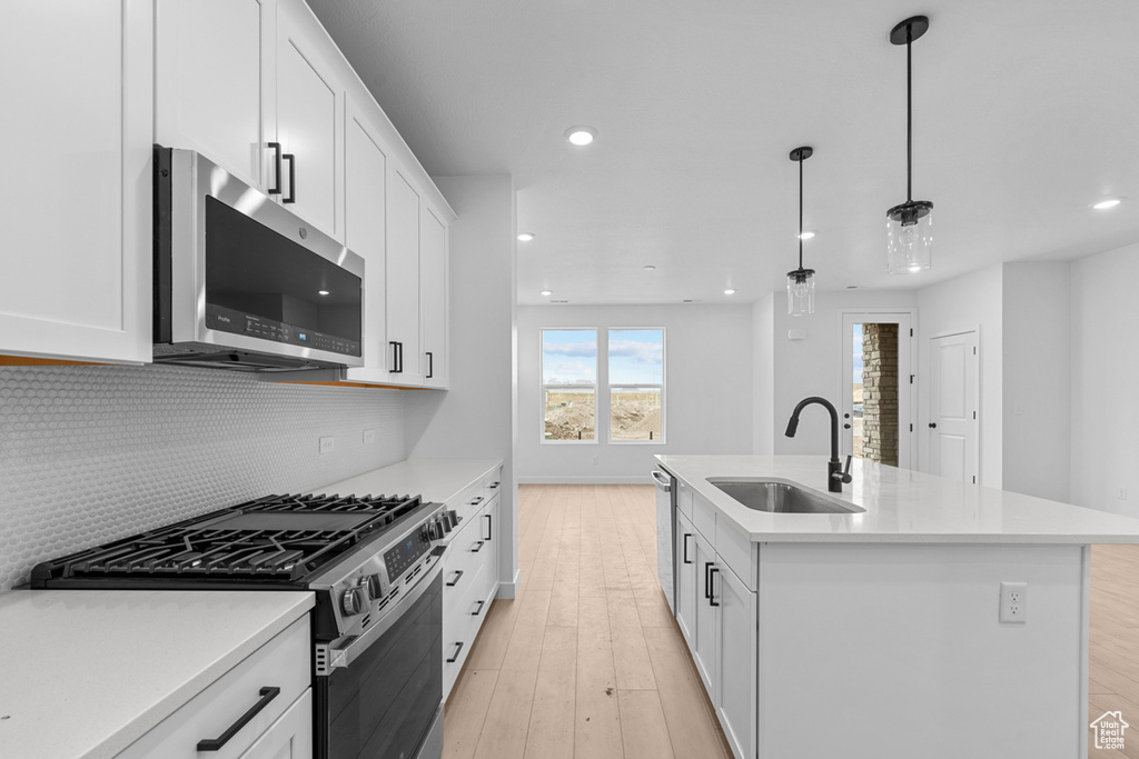 Kitchen featuring stainless steel appliances, a sink, recessed lighting, light wood finished floors, and decorative backsplash