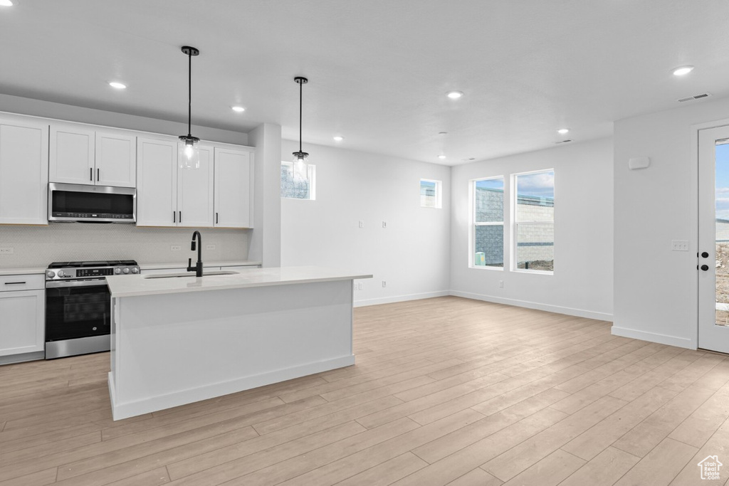 Kitchen featuring stainless steel appliances, light countertops, a sink, recessed lighting, and light wood finished floors