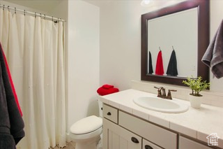 Bathroom featuring toilet, vanity, and a shower with curtain