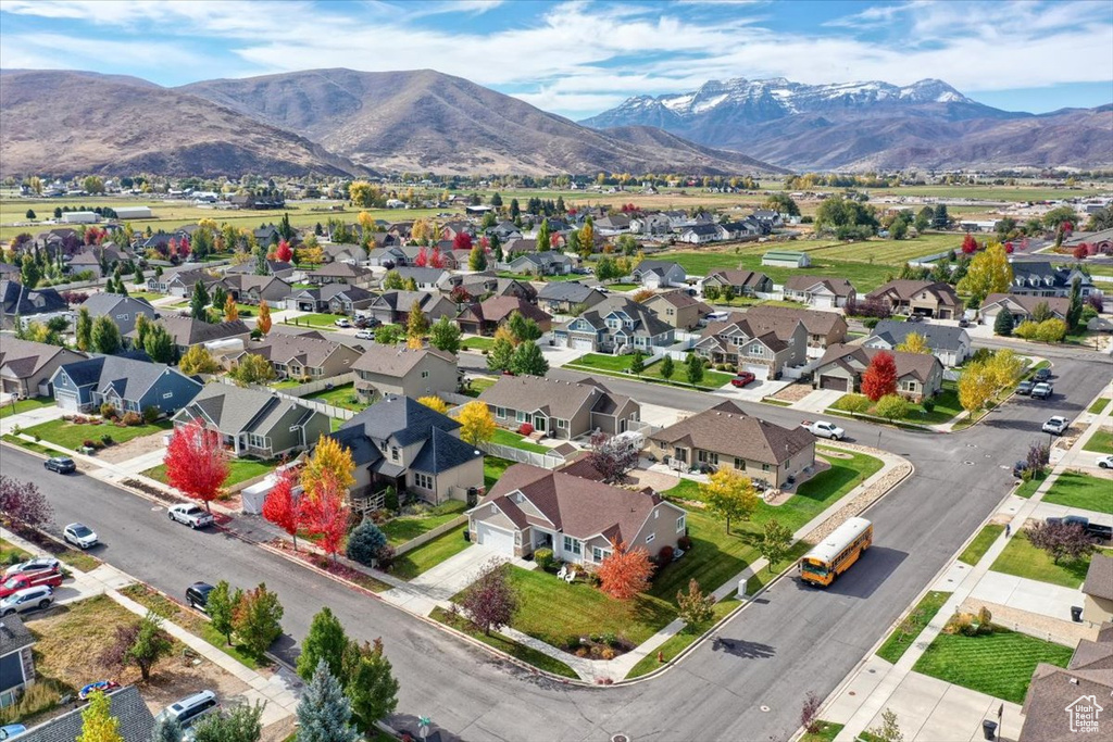 Aerial view of residential area with mountains