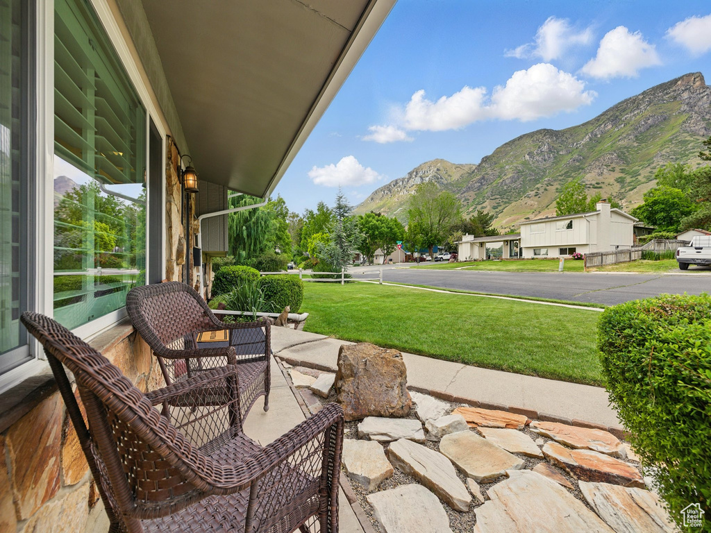 View of patio with a mountain view