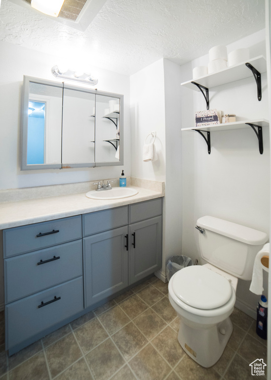Bathroom featuring vanity, toilet, and a textured ceiling