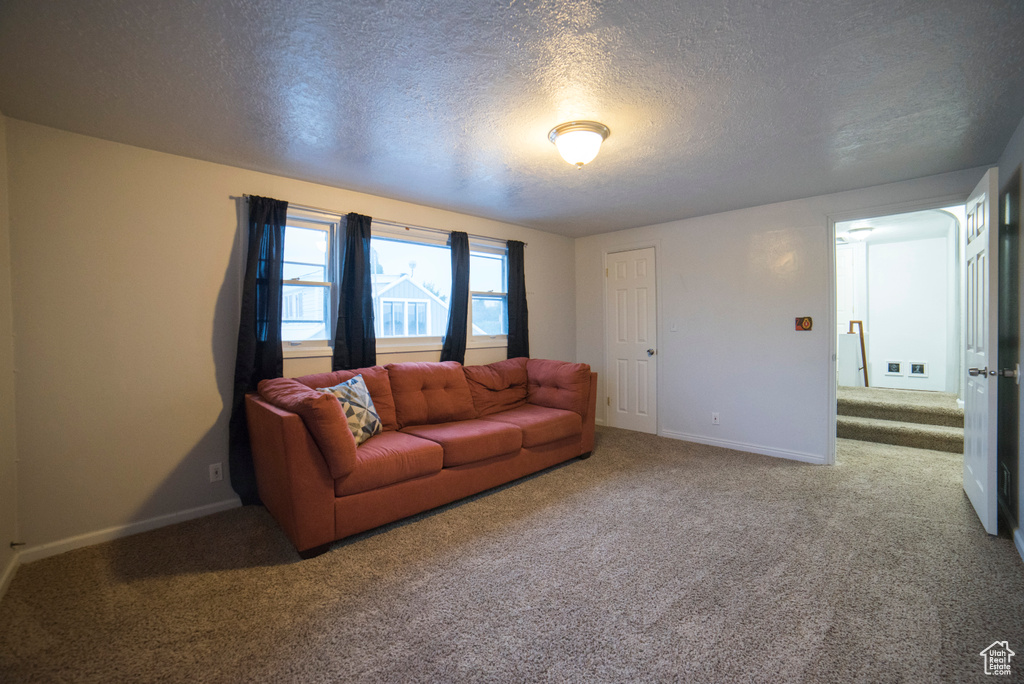 Carpeted living room with a textured ceiling and baseboards