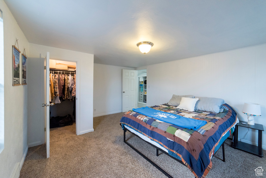 Bedroom featuring a walk in closet, carpet, a closet, and baseboards