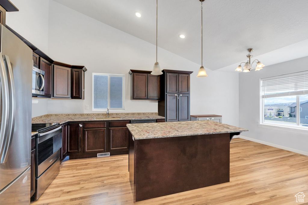 Kitchen with stainless steel appliances, light wood-style flooring, dark brown cabinetry, a center island, and recessed lighting