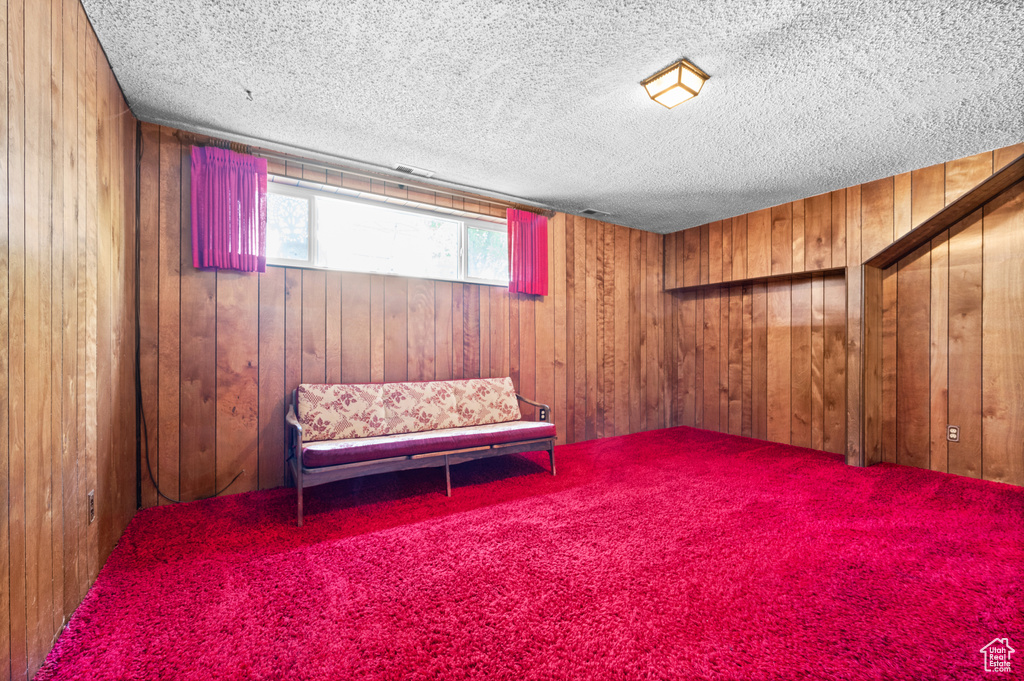 Living area featuring wood walls, a textured ceiling, and carpet