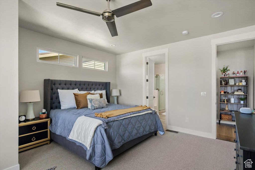 Bedroom with carpet, baseboards, connected bathroom, ceiling fan, and recessed lighting