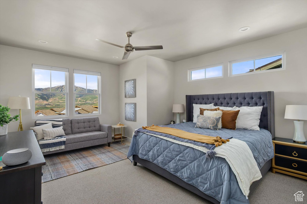 Bedroom with carpet floors, recessed lighting, and a ceiling fan