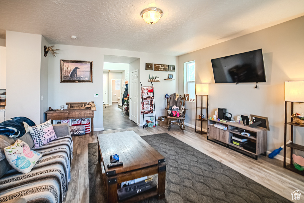 Living area with wood finished floors, baseboards, and a textured ceiling