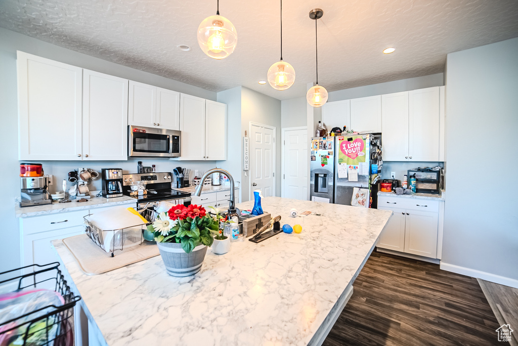 Kitchen with stainless steel appliances, dark wood-style floors, decorative light fixtures, a kitchen island with sink, and recessed lighting