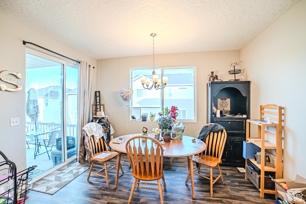 Dining room featuring wood finished floors, a chandelier, healthy amount of natural light, and a textured ceiling