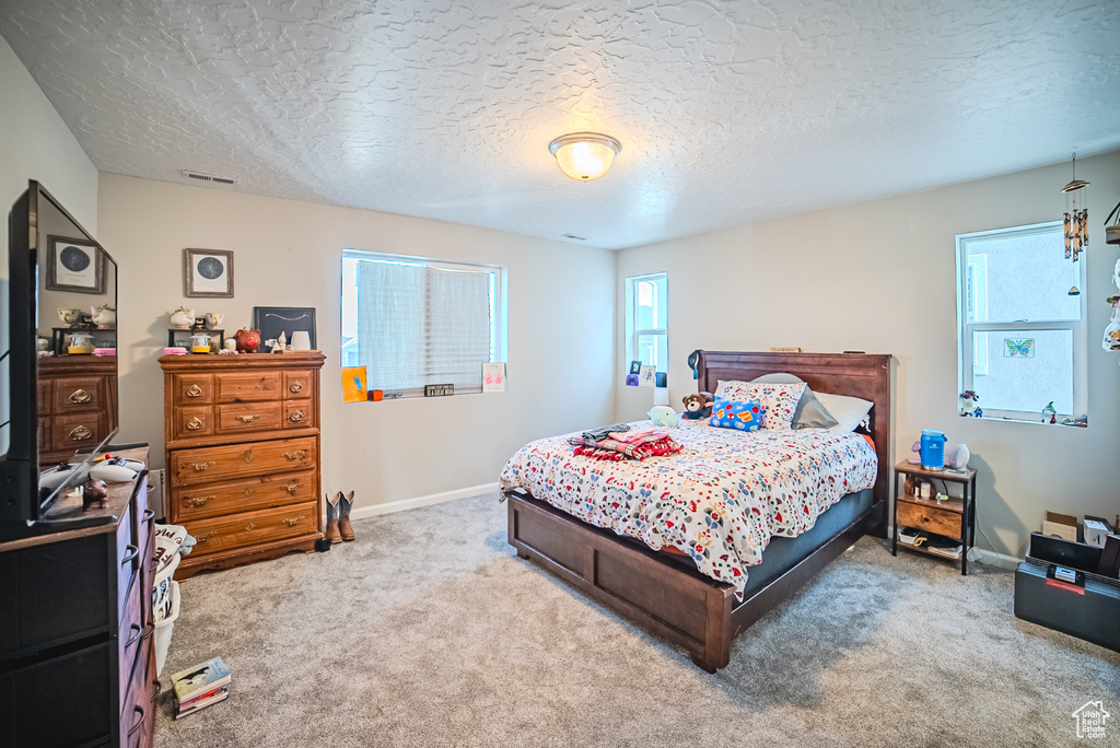 Bedroom featuring carpet, a textured ceiling, and baseboards
