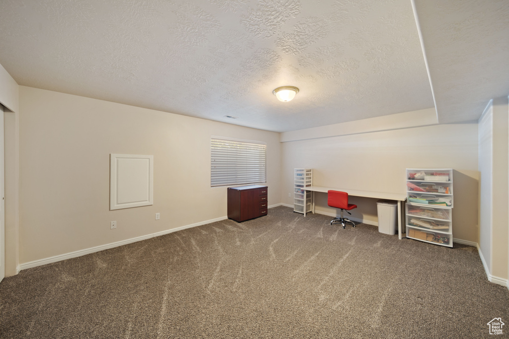Carpeted office space with a textured ceiling and baseboards