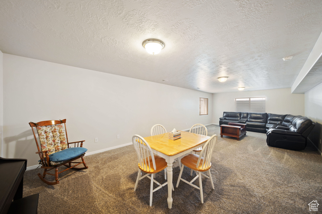 Carpeted dining area featuring a textured ceiling and baseboards