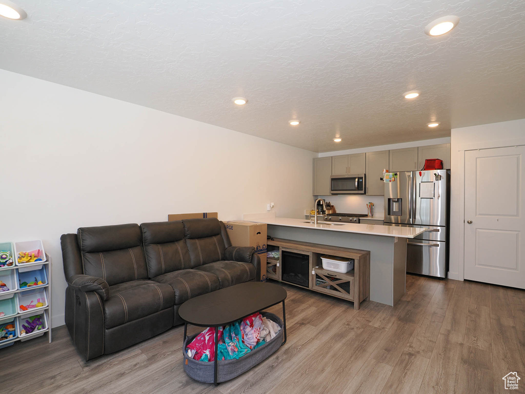 Living area with wood finished floors, recessed lighting, and a textured ceiling