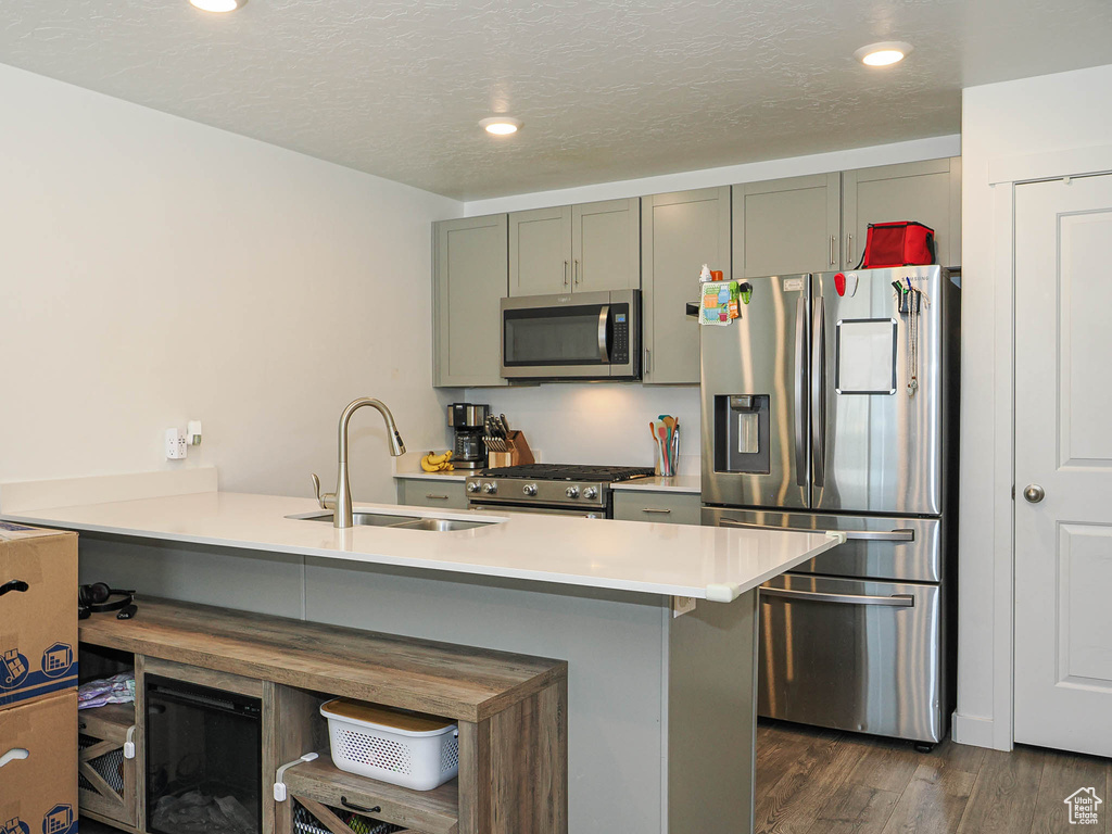 Kitchen with appliances with stainless steel finishes, a sink, dark wood-style floors, gray cabinetry, and light countertops