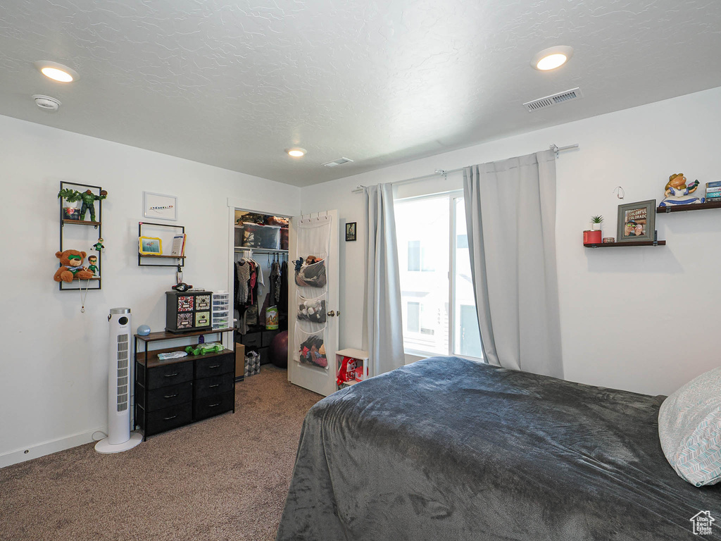 Carpeted bedroom with a closet, a spacious closet, recessed lighting, and baseboards