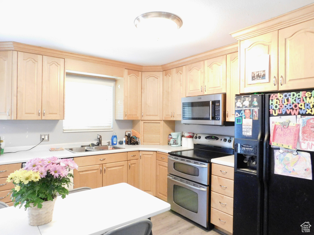 Kitchen with appliances with stainless steel finishes, a sink, light brown cabinets, light countertops, and light wood-style flooring