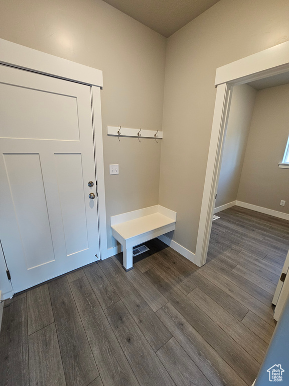 Mudroom with dark wood-style floors and baseboards