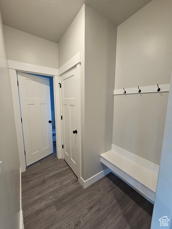 Mudroom featuring dark wood-style flooring, baseboards, and a textured ceiling