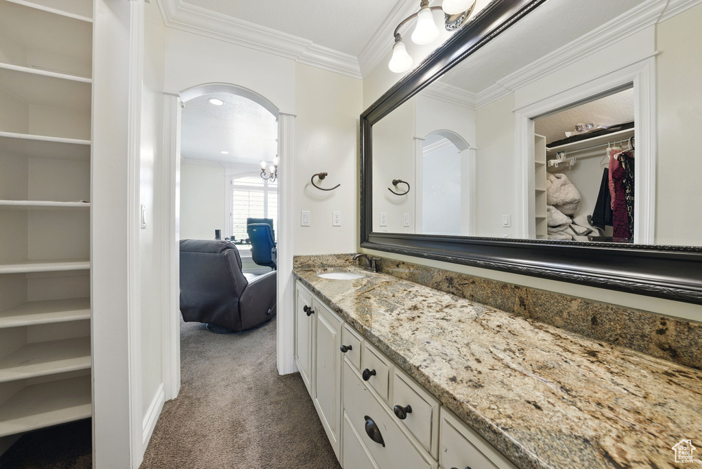 Bathroom with vanity, ornamental molding, and a walk in closet