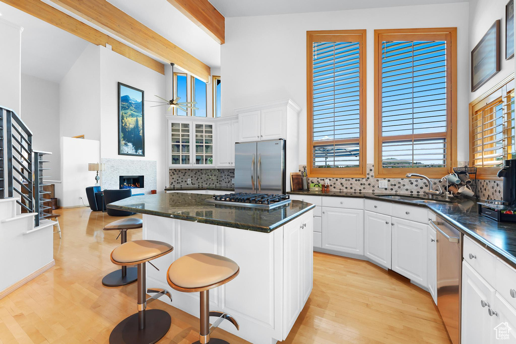 Kitchen featuring stainless steel appliances, a sink, backsplash, a ceiling fan, and a lit fireplace