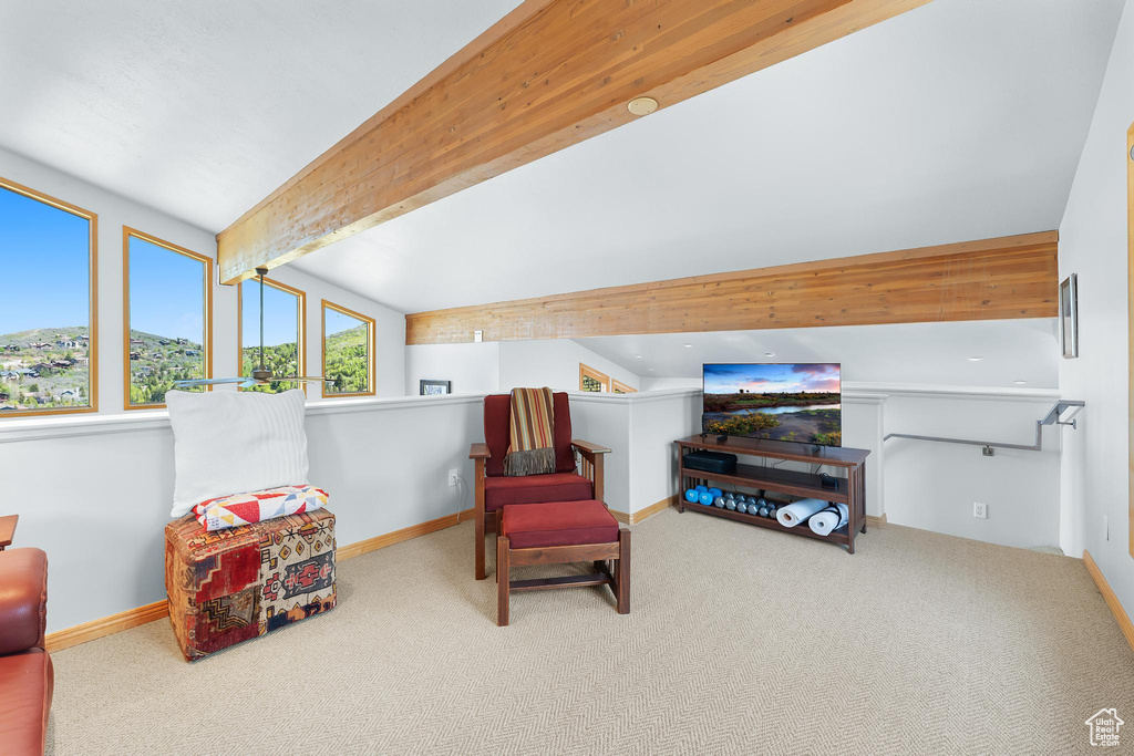 Living area featuring carpet, lofted ceiling, and baseboards