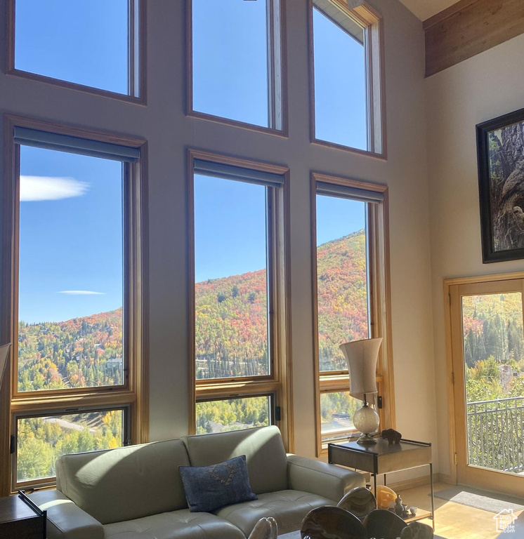 Living room with a towering ceiling