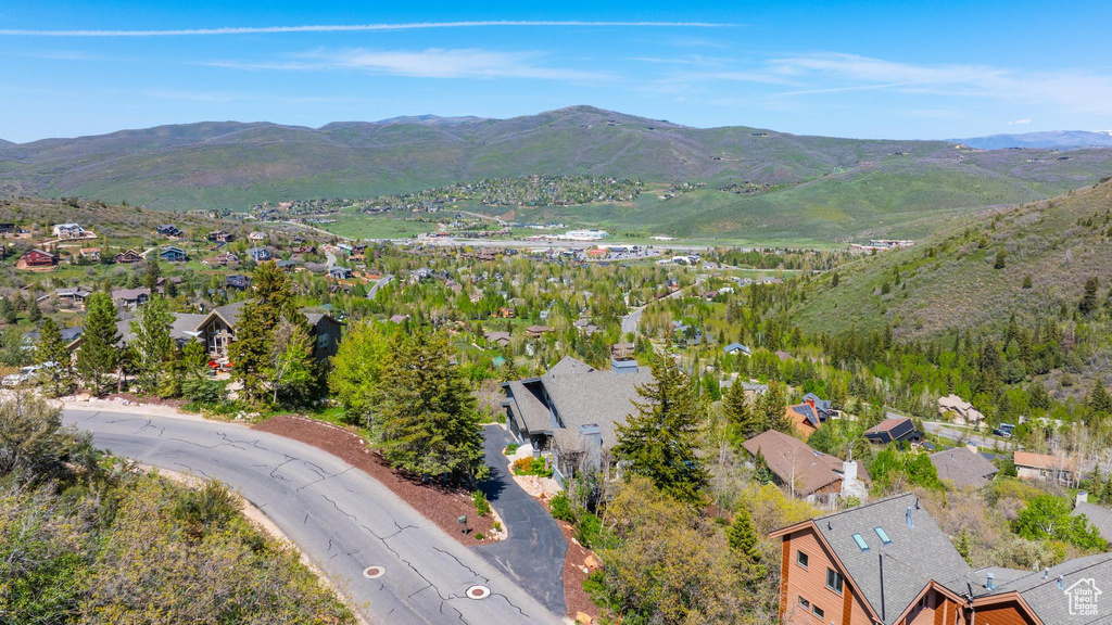 Aerial view of residential area with mountains