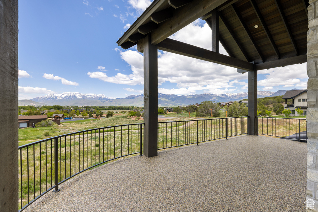 View of patio / terrace with a mountain view