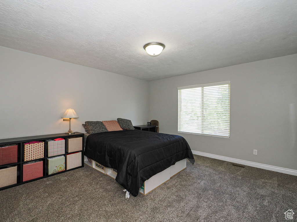 Carpeted bedroom with a textured ceiling and baseboards