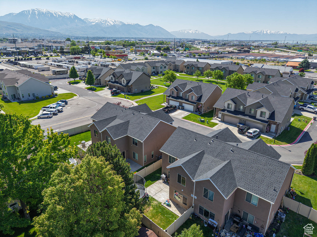 Aerial perspective of suburban area featuring mountains
