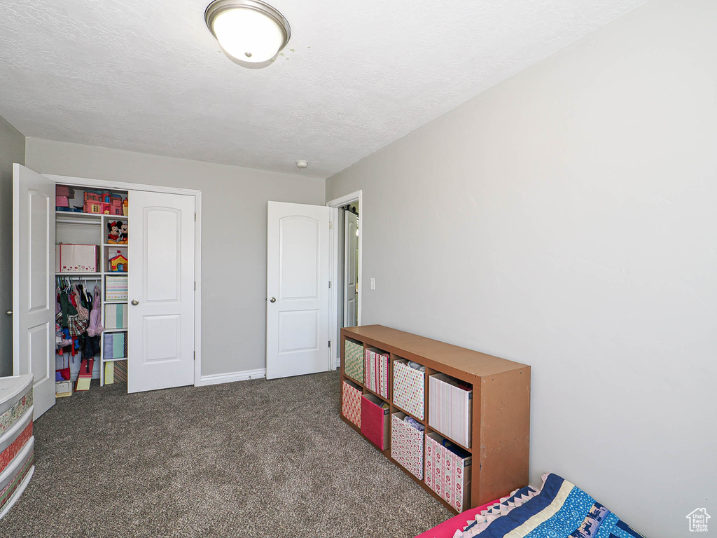 Carpeted bedroom with a closet and baseboards