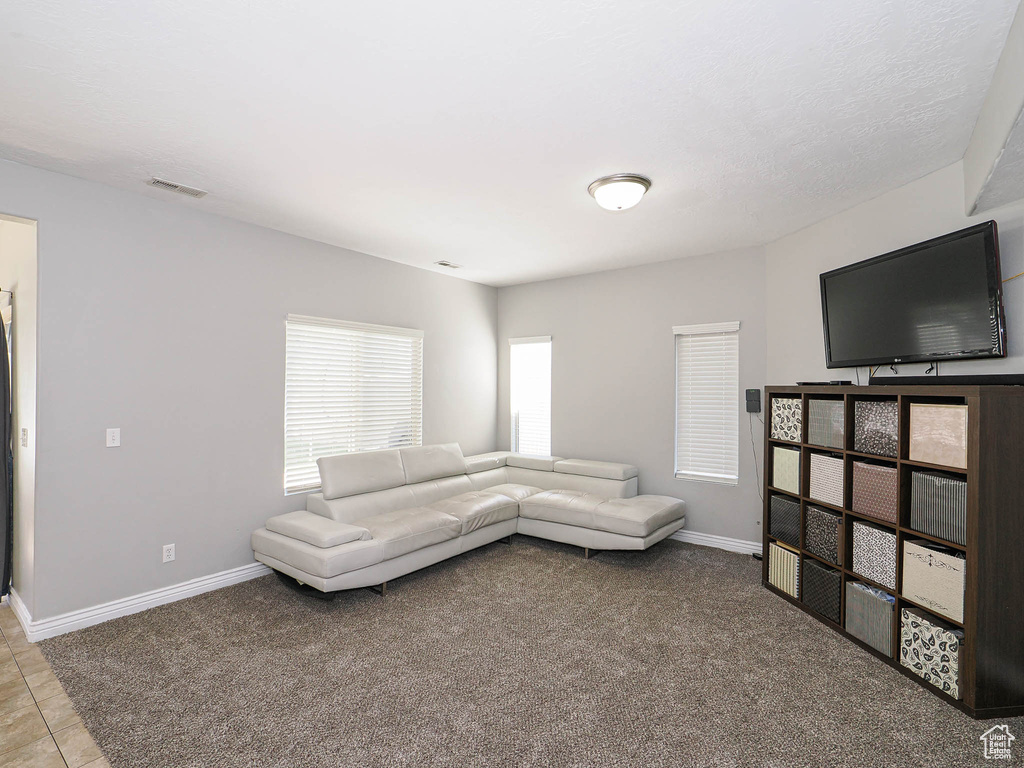 Carpeted living area with baseboards