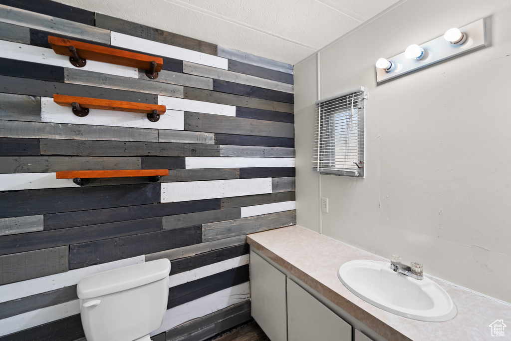 Bathroom with wooden walls, vanity, and toilet