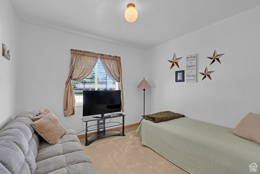 Bedroom with light colored carpet