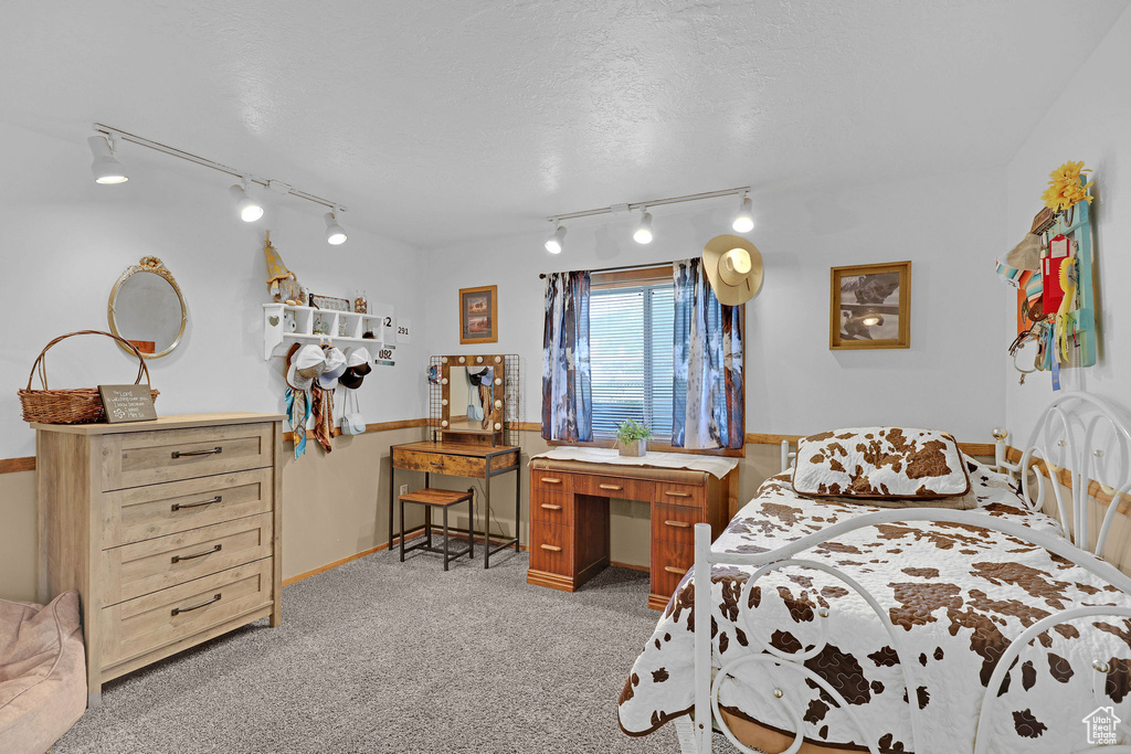 Bedroom with rail lighting, light carpet, and baseboards