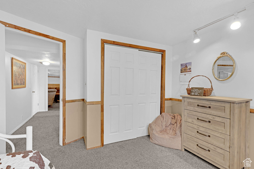 Bedroom featuring light colored carpet, rail lighting, and a closet