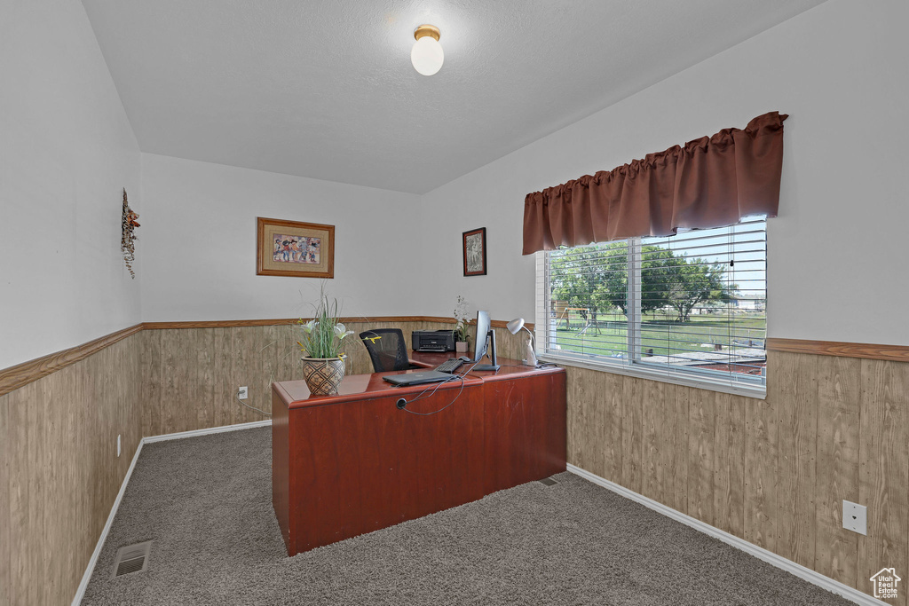 Carpeted office space with a wainscoted wall and wooden walls