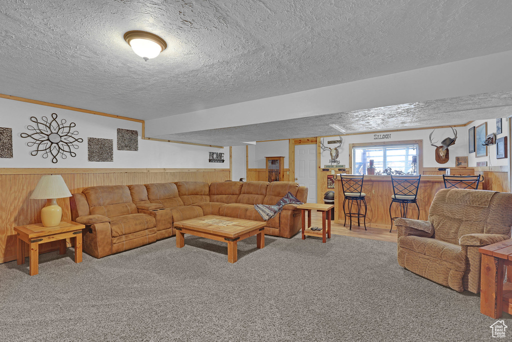 Carpeted living room featuring a textured ceiling, wood walls, and wainscoting
