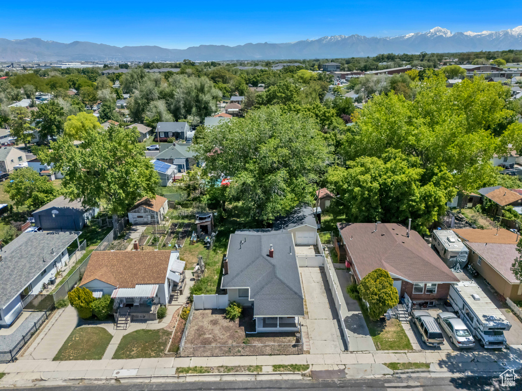 Aerial view of residential area with mountains