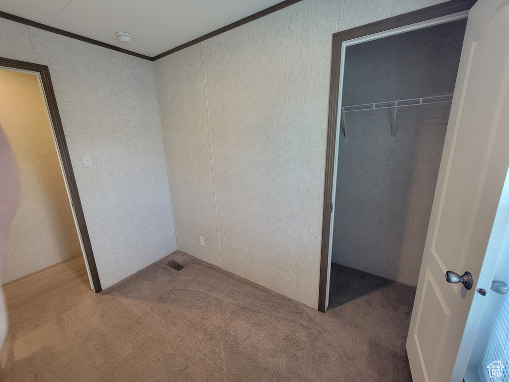 Unfurnished bedroom with carpet, ornamental molding, and a closet