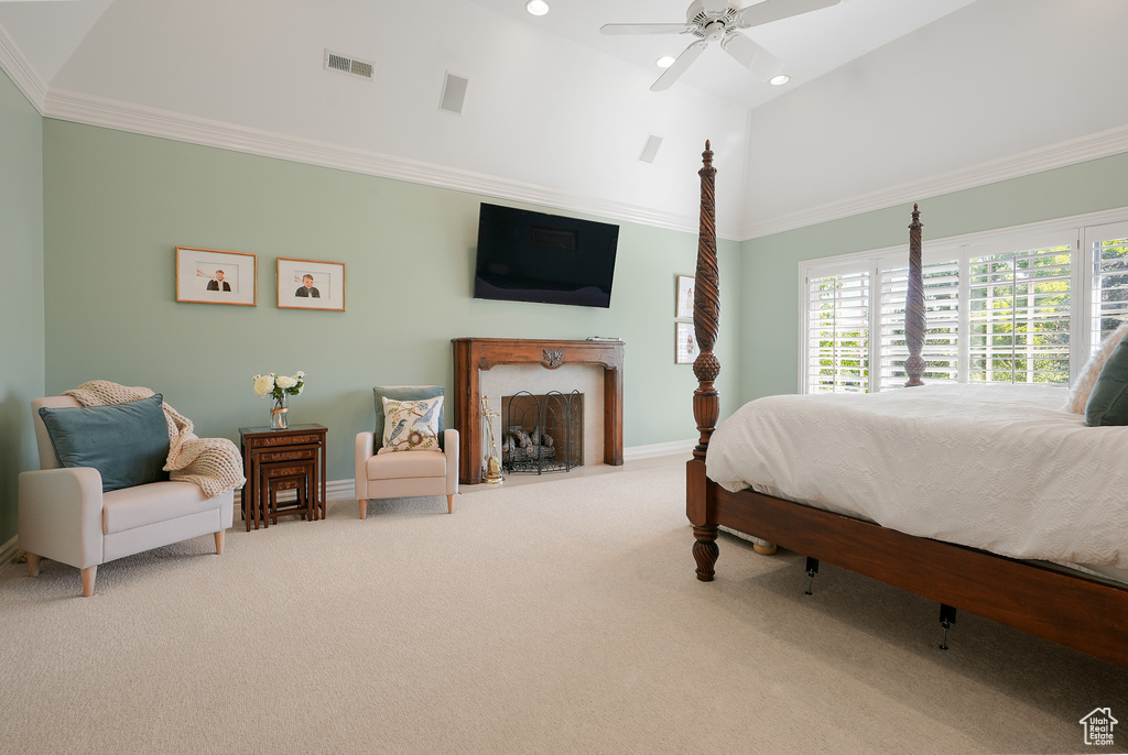 Bedroom featuring carpet floors, baseboards, recessed lighting, high vaulted ceiling, and ornamental molding