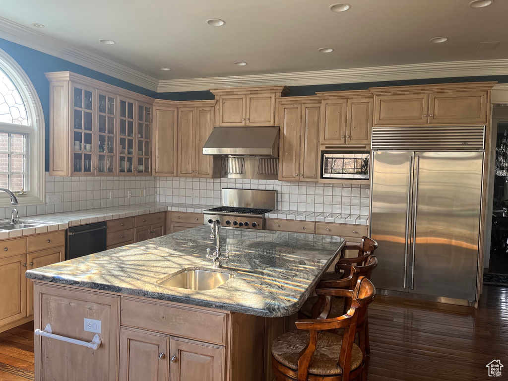 Kitchen featuring tasteful backsplash, sink, built in appliances, an island with sink, and dark hardwood / wood-style flooring